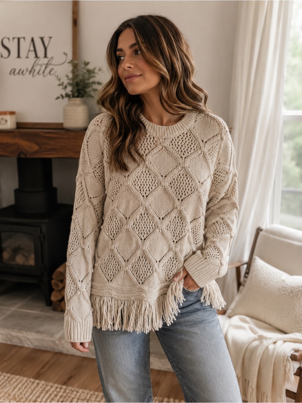 Frye Oatmeal Heather Knit Fringe Sweater | Boho Chunky Textured Pullover Large